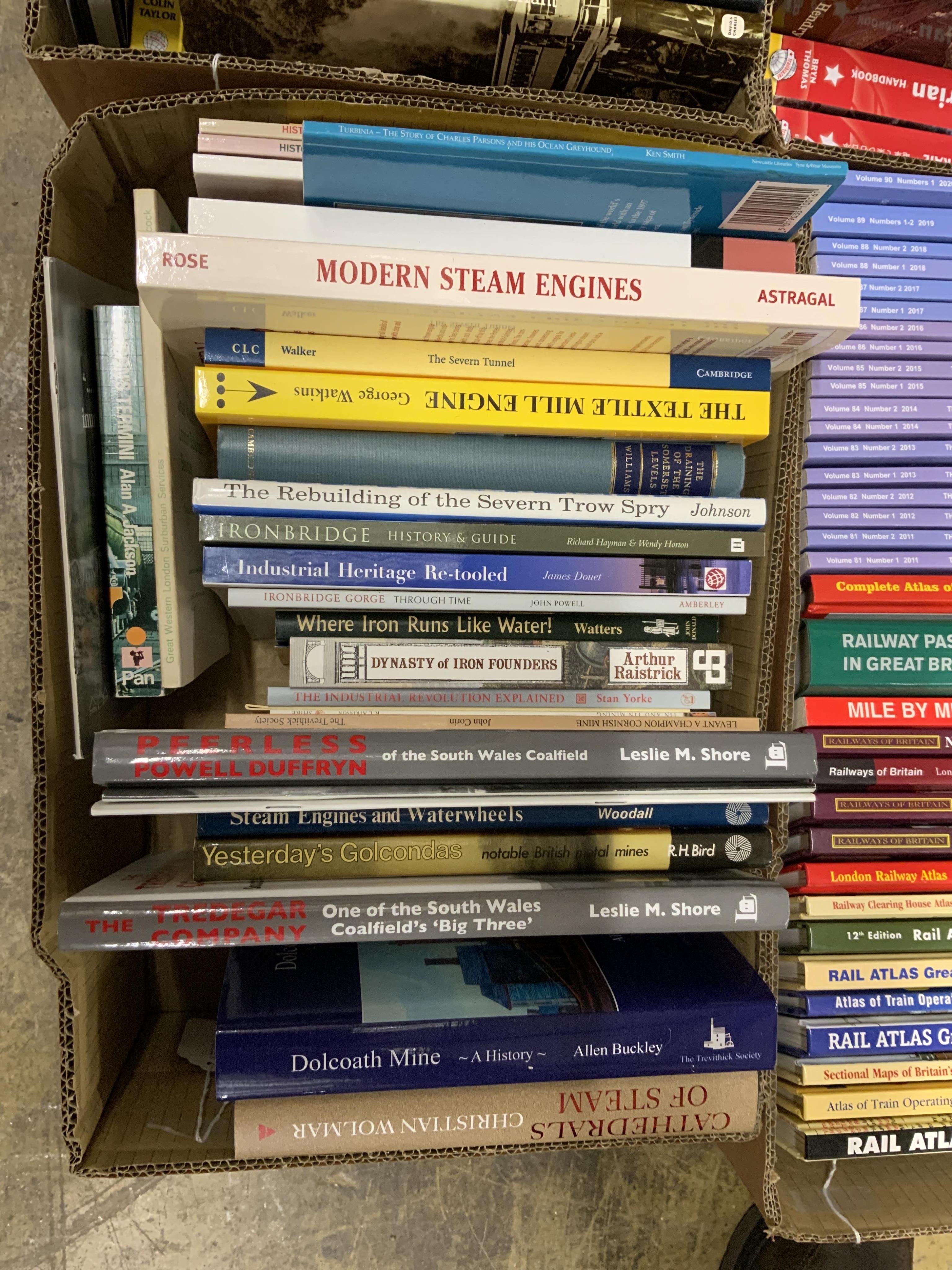 Eight boxes of railway related books, subjects include; Southern Railway, Garrett rolling stock, European railways, stationary engines, Indian Railways, American Railways, publishers include Middleton Press, David & Char